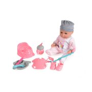   Moni Toys Pisilős Baba 36 cm-es baba szett, hanggal - Rózsaszín-Szürke