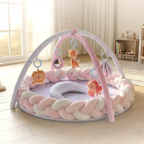Moni Toys Naya játékhidas játszószőnyeg kerek, fejvédővel, hasaló párnával - Rózsaszín