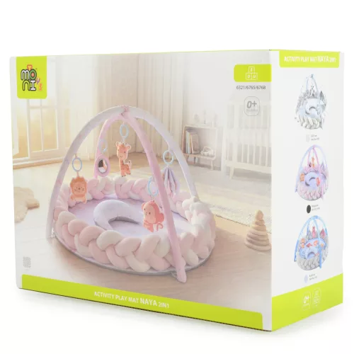 Moni Toys Naya játékhidas játszószőnyeg kerek, fejvédővel, hasaló párnával - Szürke