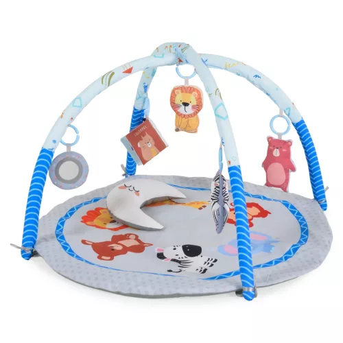 Moni Toys Naya játékhidas játszószőnyeg kerek, fejvédővel, hasaló párnával - Kék