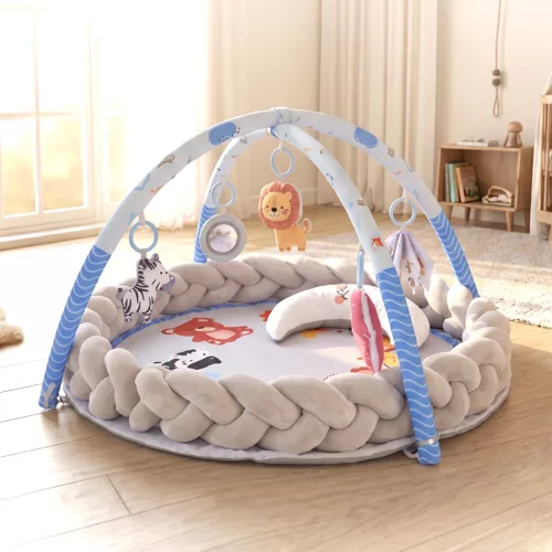 Moni Toys Naya játékhidas játszószőnyeg kerek, fejvédővel, hasaló párnával - Kék