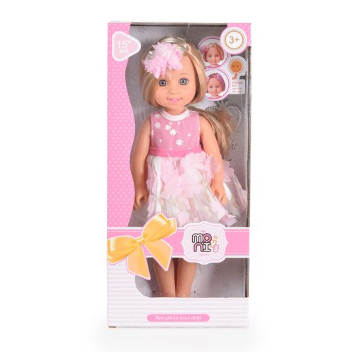 Moni Toys Hajasbaba 38cm-es színváltós szőke hajú, masnis, tartozék varázspálcával - Rózsaszín