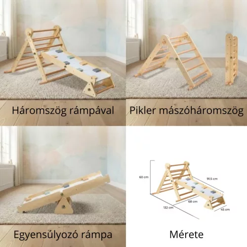 Moni Toys Pikler 2in1 fa Mászóka 3szög és mászórámpa Montessori 132x60 cm - Natúr