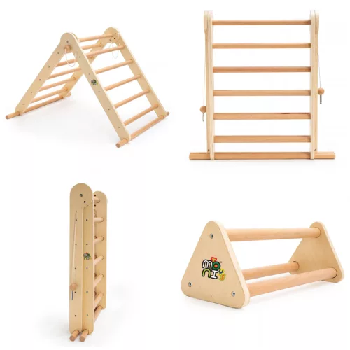 Moni Toys Pikler 2in1 fa Mászóka 3szög és mászórámpa Montessori 132x60 cm - Natúr