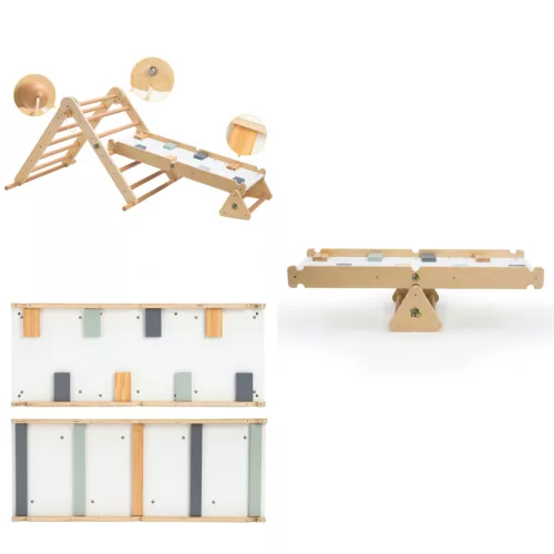 Moni Toys Pikler 2in1 fa Mászóka 3szög és mászórámpa Montessori 132x60 cm - Natúr