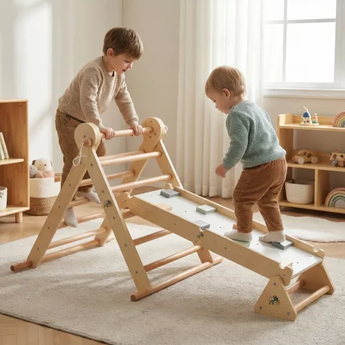 Moni Toys Pikler 2in1 fa Mászóka 3szög és mászórámpa Montessori 132x60 cm - Natúr