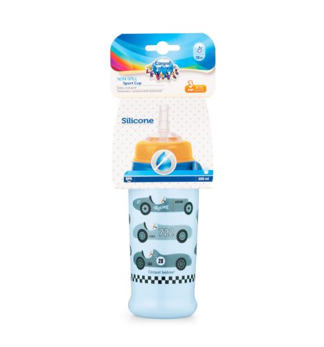 Canpol Babies Sport itatópohár cseppmentes szívószállal  350 ml (12h+) - Autók - Kék-sárga