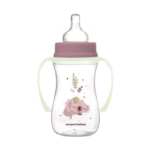 Canpol Babies EasyStart anti-kólikás cumisüveg világító fogantyúval 240ml (3h+) - Sleepy Koala - Rózsaszín