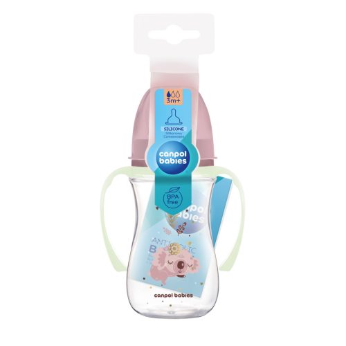 Canpol Babies EasyStart anti-kólikás cumisüveg világító fogantyúval 240ml (3h+) - Sleepy Koala - Rózsaszín
