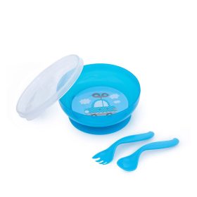   Canpol Babies Csúszásmentes műanyag tál fedéllel és evőeszközökkel 350 ml (9h+) - Kék