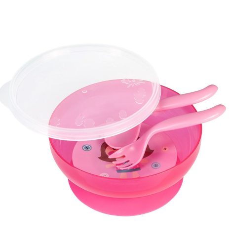 Canpol Babies Csúszásmentes műanyag tál fedéllel és evőeszközökkel 350 ml (9h+) - Rózsaszín