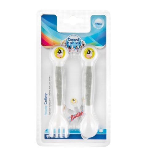Canpol Babies Flexibilis műanyag evőeszköz készlet (12h+) - Boci - Szürke
