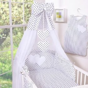   BabyLion Prémium baldachin függöny - Fekete - Fehér pöttyök - szívecskével