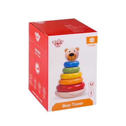 Tooky Toy Montesszori toronyépítő fa játék - Maci - Színes karikákkal
