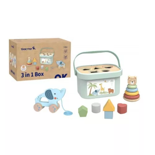Tooky Toy 3in1 Késszségfejlszető Formabedobós fa játék doboz