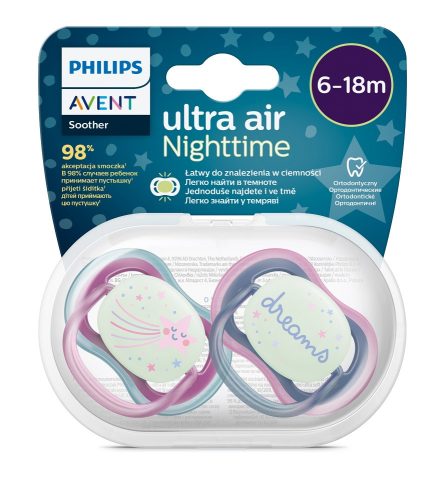 Philips Avent SCF376/14 Játszócumi Ultra air éjszakai 6-18hó 2 db - Lányos