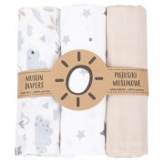   MTT Textil pelenka 3 db + Mosdatókesztyű - Bézs - Bagoly és csillagok