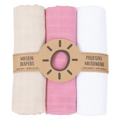 MTT Textil pelenka 3 db + Mosdatókesztyű - Bézs, fehér, rózsaszín