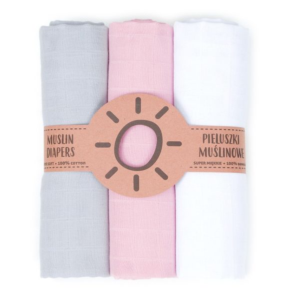 MTT Textil pelenka 3 db + Mosdatókesztyű - Fehér-Szürke-Rózsaszín