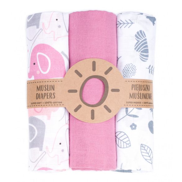 MTT Textil pelenka 3 db + Mosdatókesztyű - Rózsaszín fehér elefánt