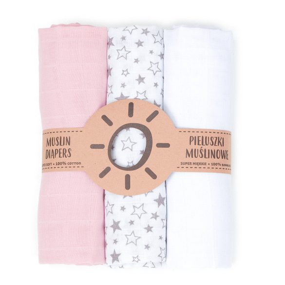 MTT Textil pelenka 3 db + Mosdatókesztyű - Rózsaszín - fehér - fehér szürke csillagok