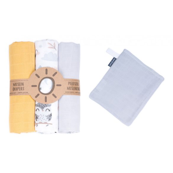 MTT Textil pelenka 3 db + Mosdatókesztyű - Sárga - Fehér - bagoly és nyuszi