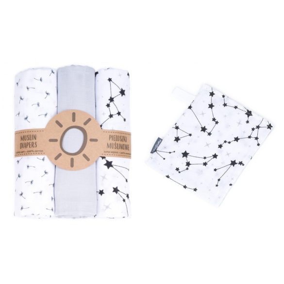 MTT Textil pelenka 3 db + Mosdatókesztyű - Szürke-Fehér - Csillagok és virágok